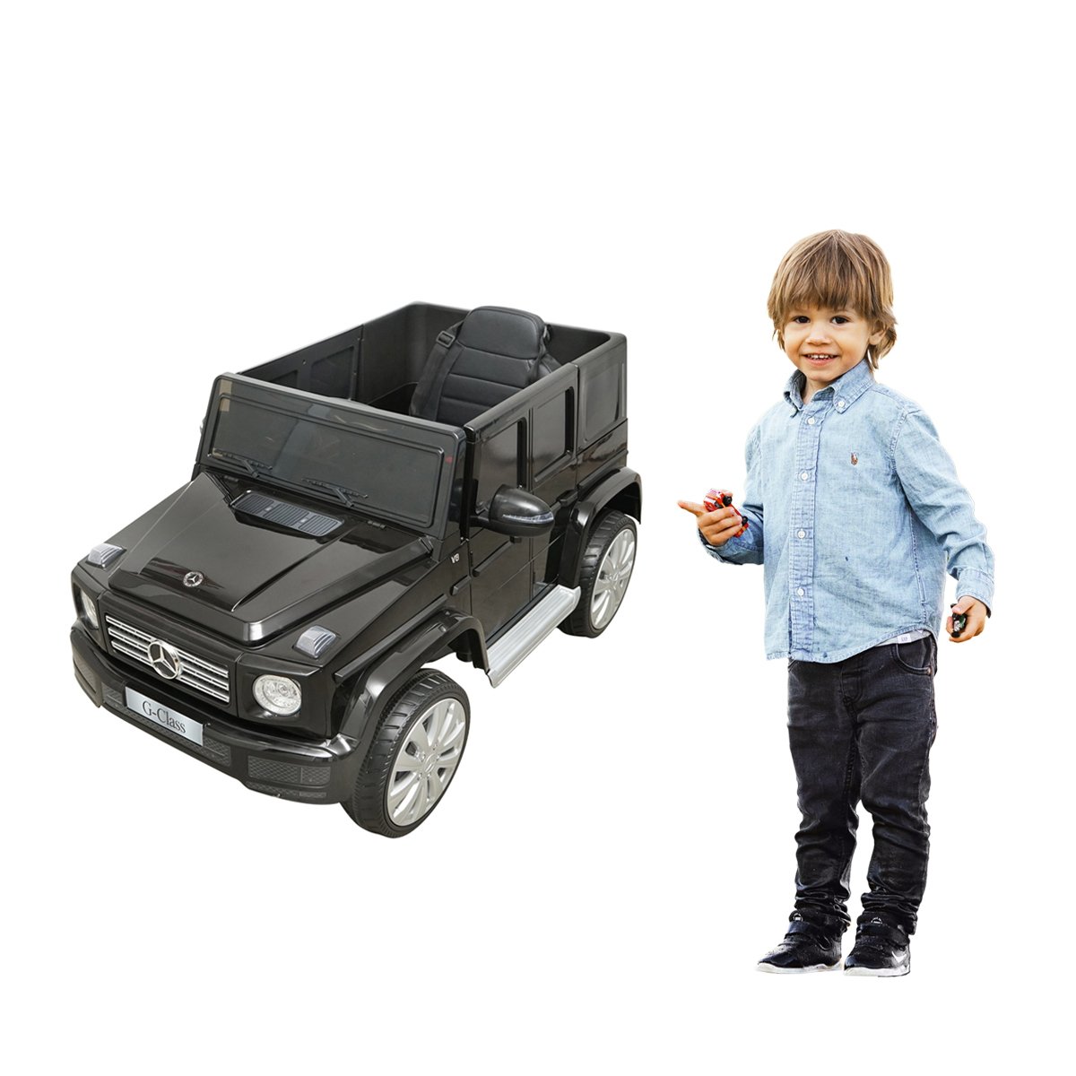 Masinuta electrica cu baterie 6V/7Ah si telecomanda pentru copii Mercedes G500 JJ2077 negru cu scaun piele